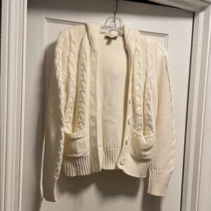 LOFT Cream Cable Hooded Button Cardigan